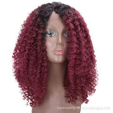 Vigorous Hair Ombre Wine Red Synthetic Lace Front Wig Short Kinky Curly Wigs for Black Women Daily Party Cosplay Wig 16 Inch